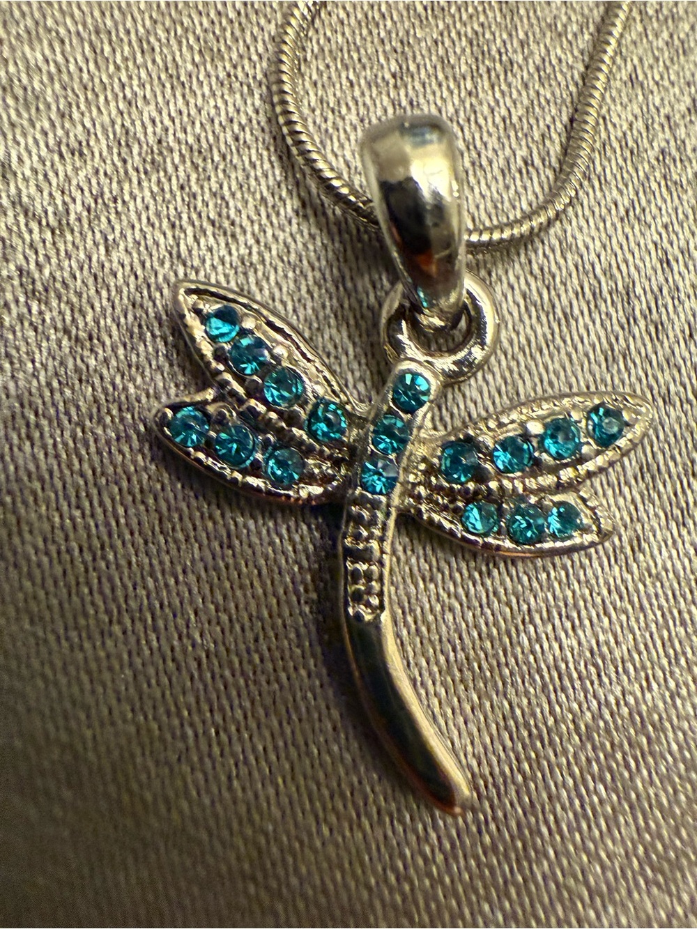 Silver Dragonfly Pendant Necklace with Turquoise Crystals